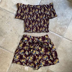 Two Piece Set Maroon With Yellow And Blue Flowers